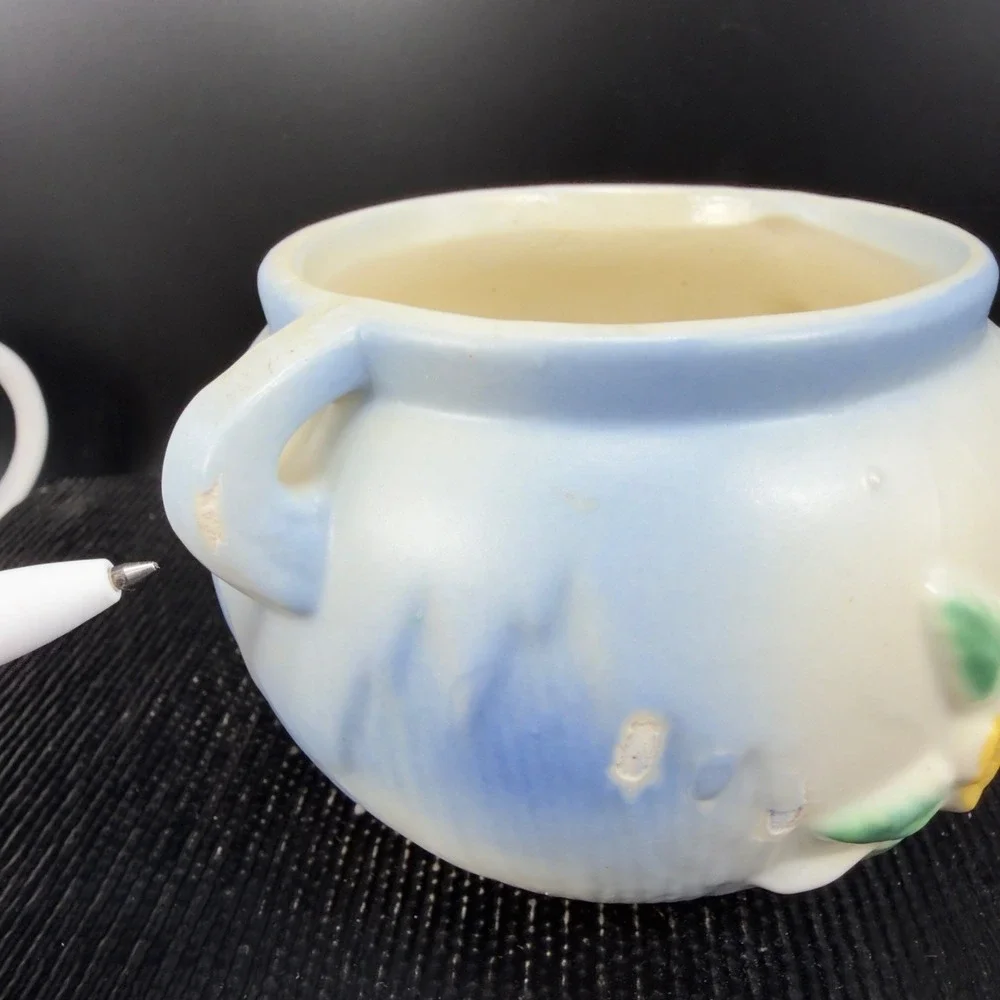 Vintage Pottery Flower Planter Blue‎ White Yellow Rose Relief Double Handle Pot